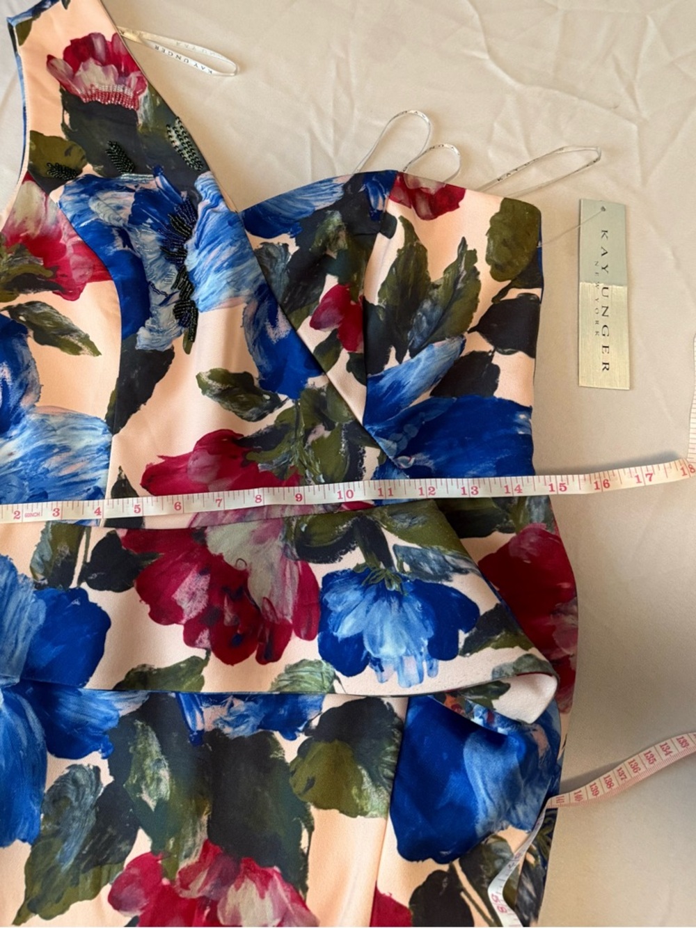 Kay Unger One-Shoulder Pink Dress with Blue Floral Print - Picture 13 of 14